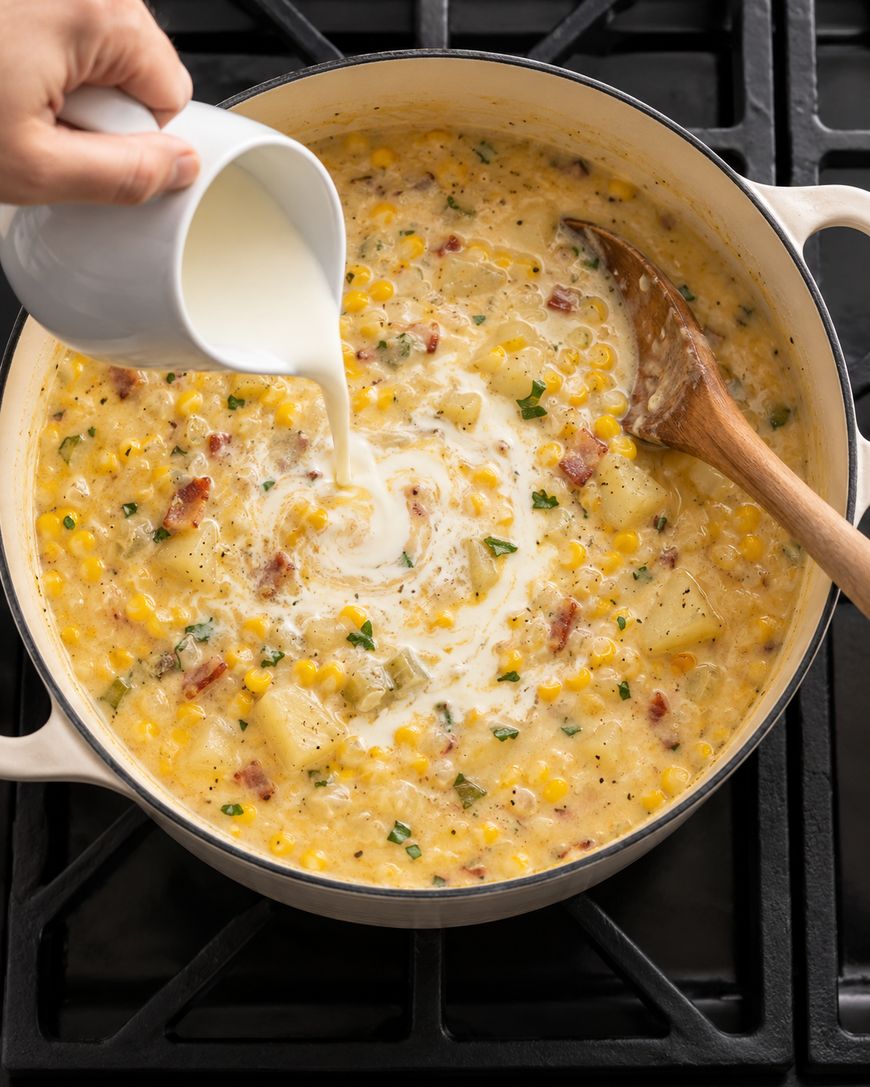 A hand pours cream into a large pot of corn and potato chowder with bacon and herbs, stirred by a wooden spoon.