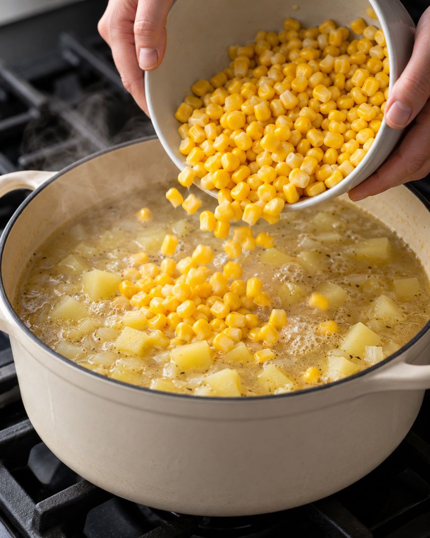 Hands pouring a bowl of corn into a pot of steaming potato soup.