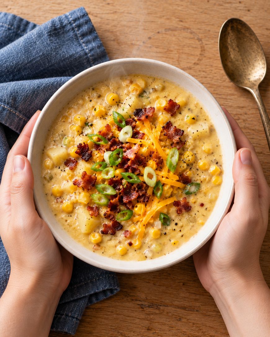 Hands holding a bowl of corn chowder topped with crumbled bacon, shredded cheese, and sliced green onions.