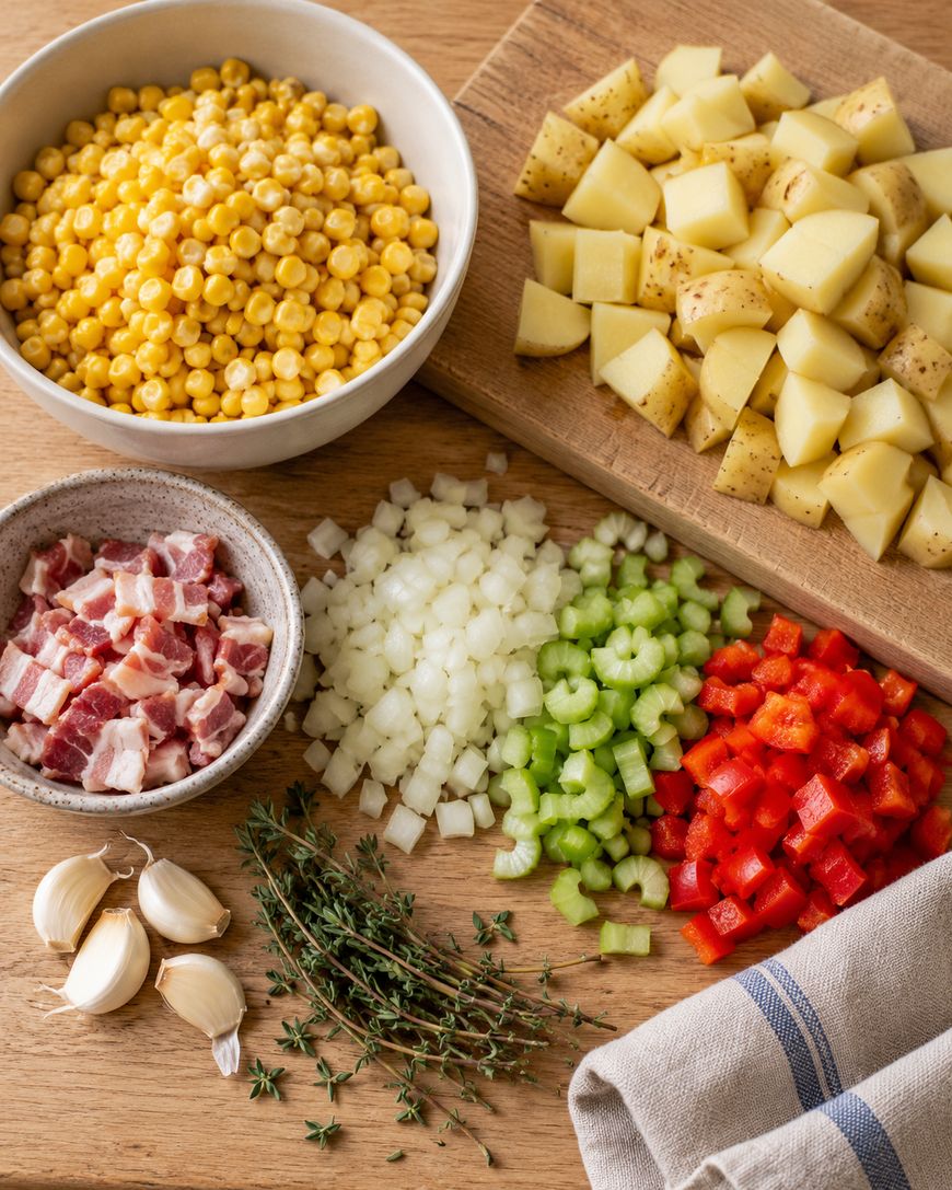 Ingredients for a meal including a bowl of corn, a bowl of diced bacon, a cutting board with cubed potatoes, and piles of chopped onion, celery, red bell pepper, garlic cloves, and fresh thyme on a wooden surface.