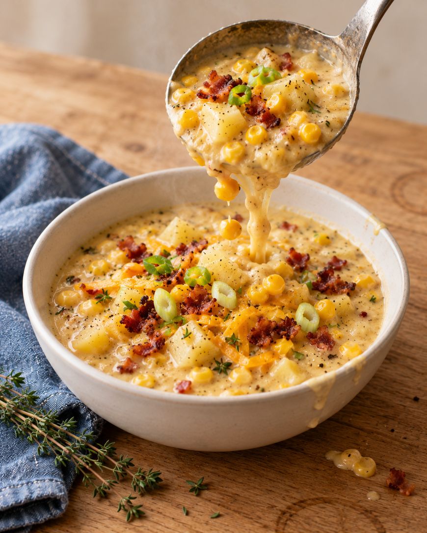 A ladle pours creamy corn and potato chowder topped with bacon, shredded cheese, and green onions into a bowl.