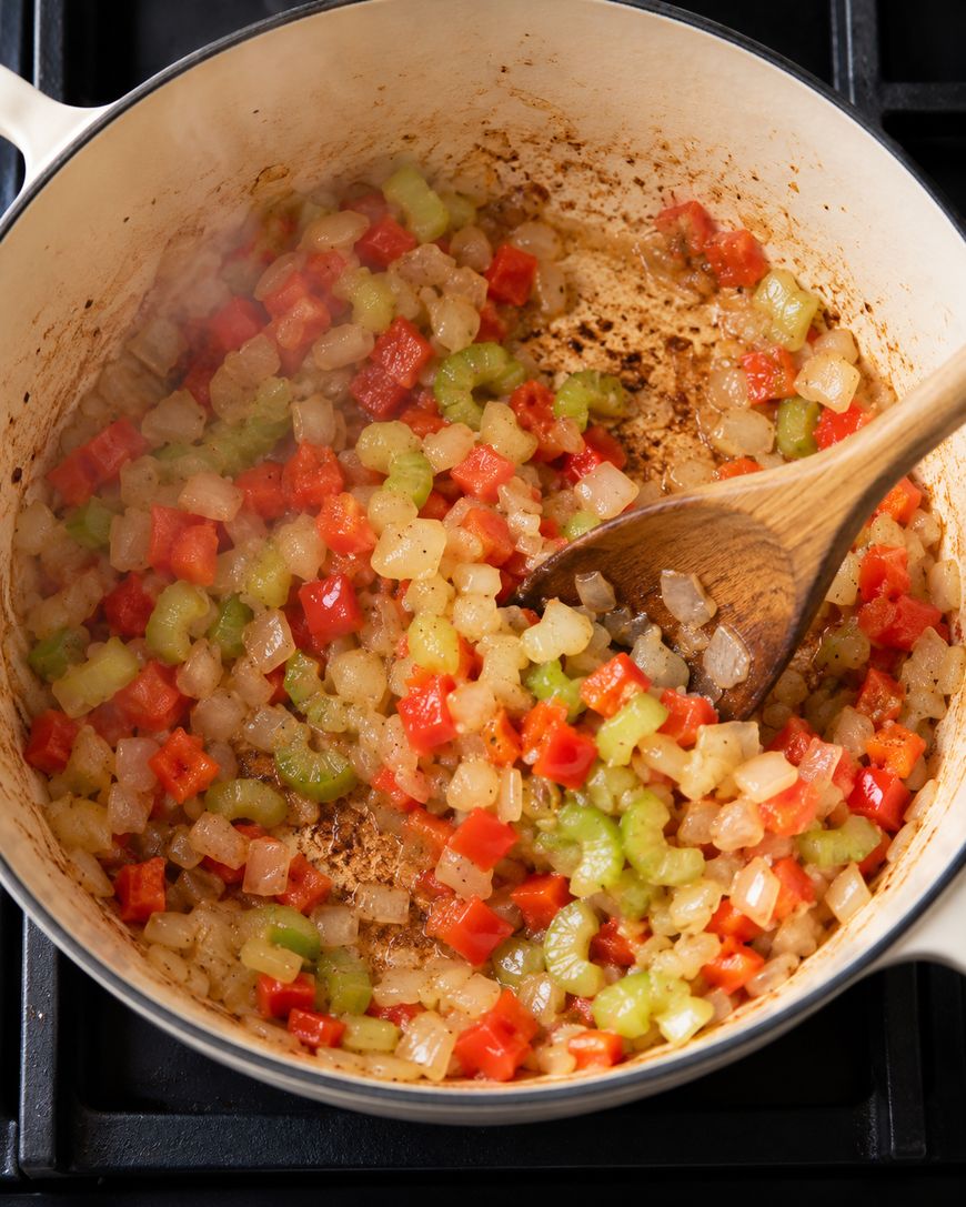 A wooden spoon stirs diced red bell peppers, onions, and celery sautéing in a dutch oven on a stovetop.