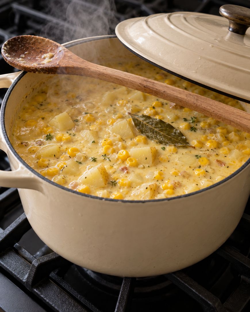Creamy corn and potato chowder with a bay leaf in a lidded Dutch oven on a stovetop with a wooden spoon resting across the top.