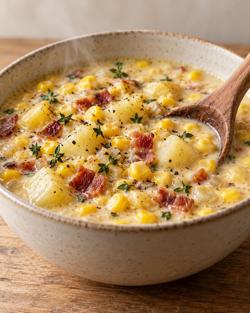 A bowl of creamy corn and potato chowder topped with bacon bits and fresh thyme, with a wooden spoon resting inside.