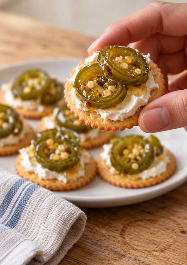 A hand holding a round cracker topped with cream cheese, pickled jalapeño slices, and honey, over a plate of identical crackers.