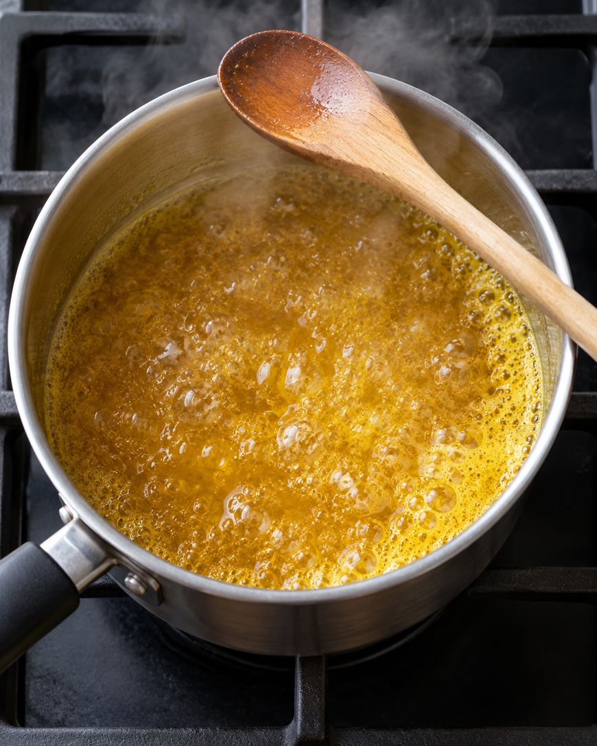 A wooden spoon rests in a small saucepan of bubbling, golden-orange liquid on a stovetop.