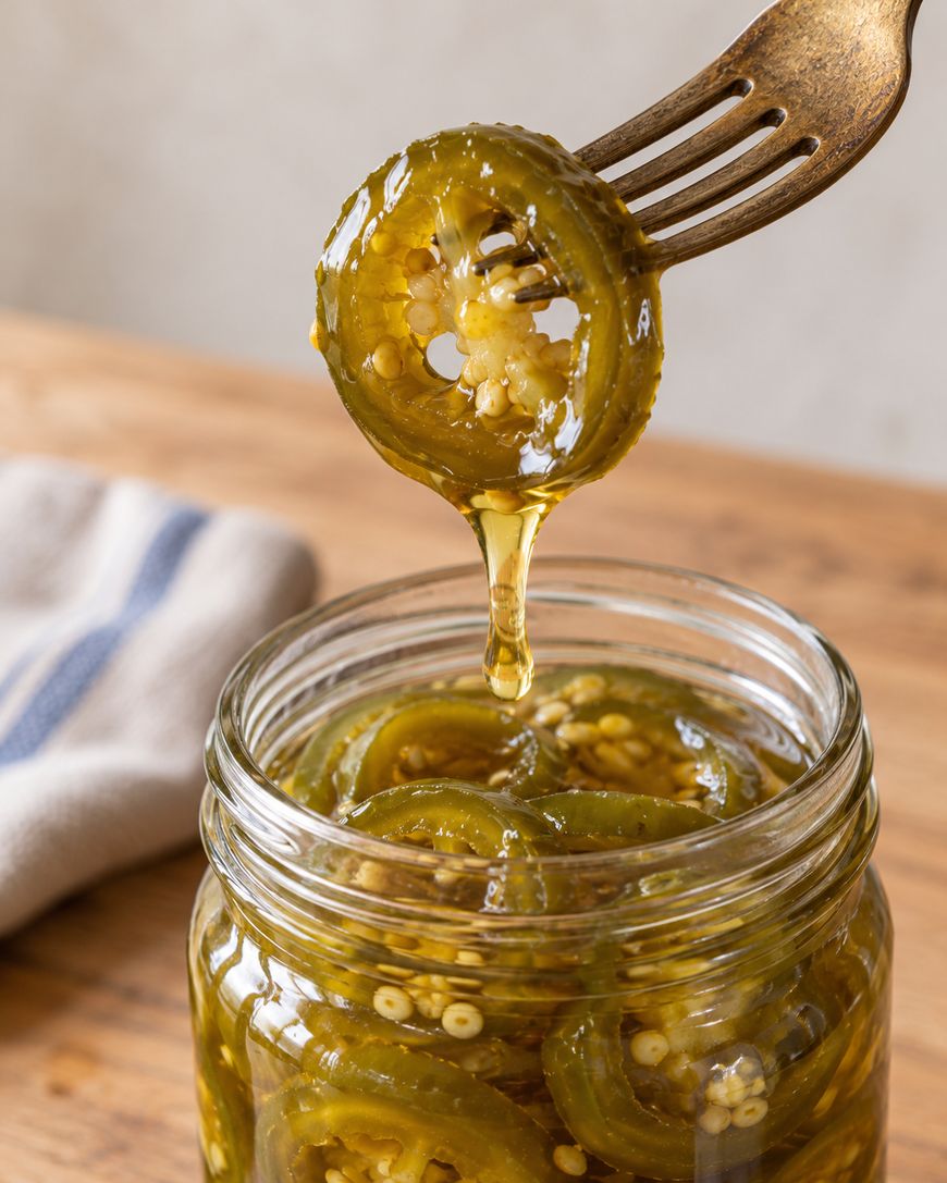 A brass fork lifts a slice of pickled jalapeño from a glass jar, with liquid dripping back into the jar.