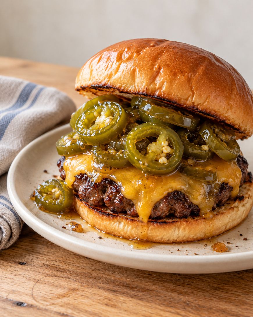 A cheeseburger topped with pickled jalapeño slices on a plate.