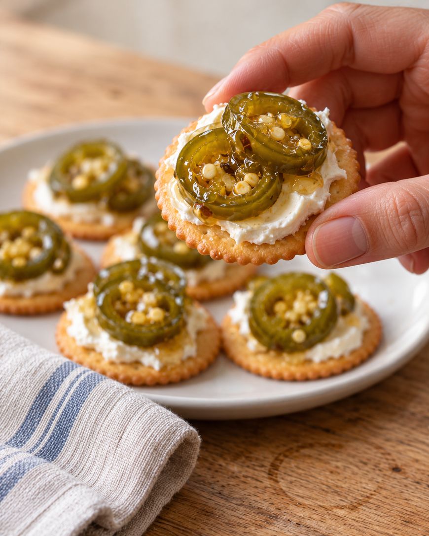A hand holds a round cracker topped with cream cheese and sliced jalapeños, with more similar crackers on a plate below.