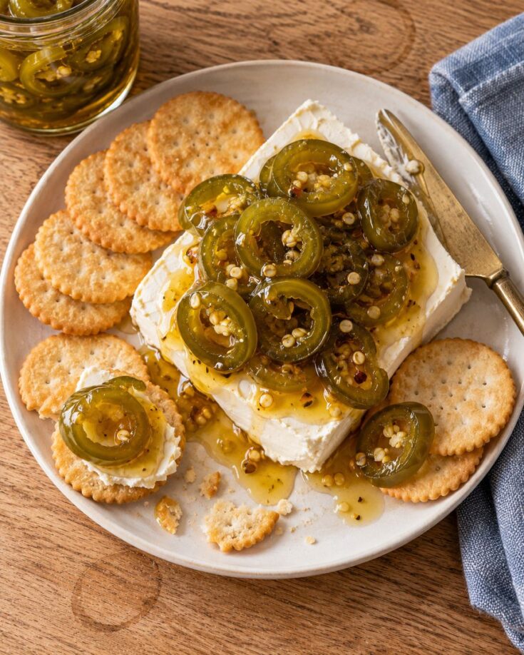 Block of cream cheese topped with sliced jalapeños and honey on a plate with round crackers and a serving knife.