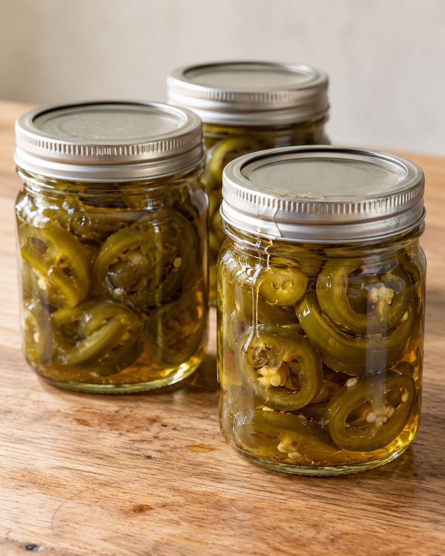 Three glass jars of sliced pickled jalapeños with metal lids on a wooden surface.