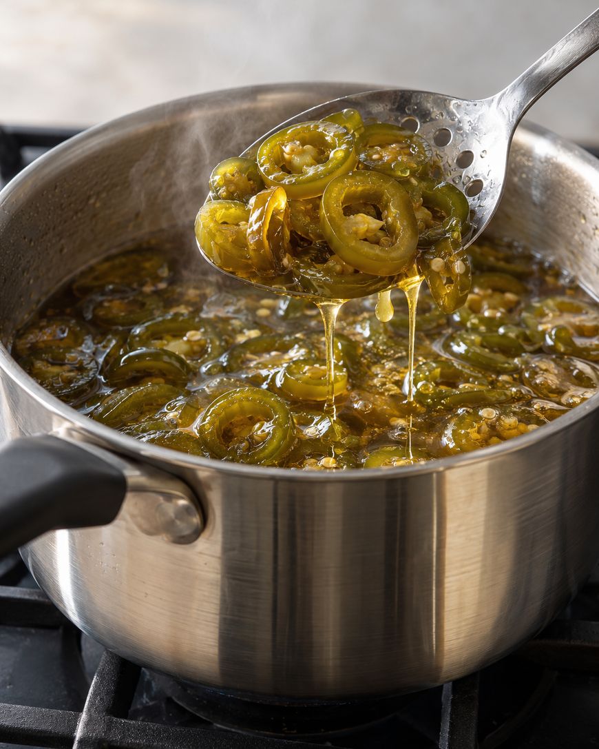 A slotted spoon lifts sliced jalapeños from a simmering pot of liquid.