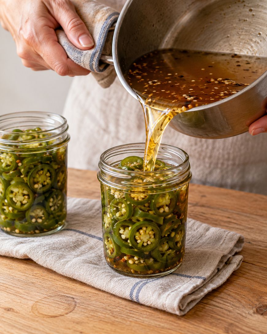 A person pouring hot brine from a saucepan into a glass jar filled with sliced jalapeños.