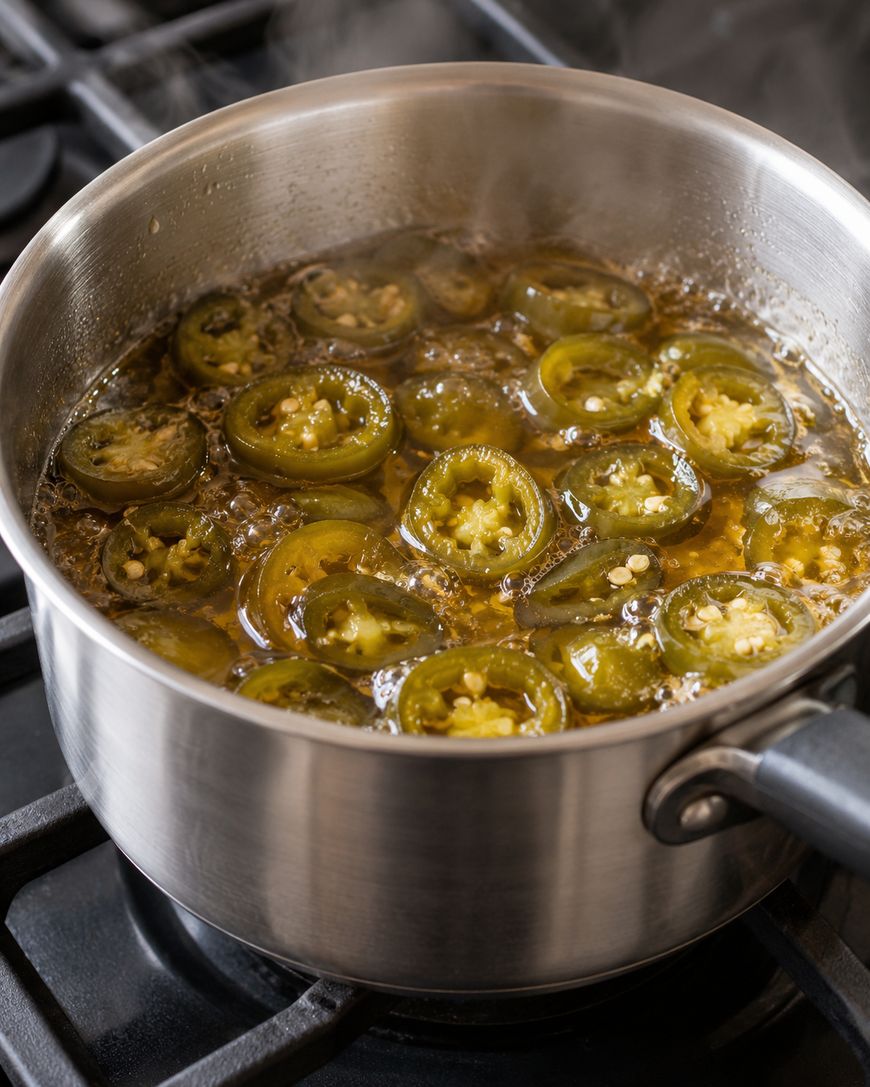 Sliced jalapeños simmering in a stainless steel pot on a stovetop.