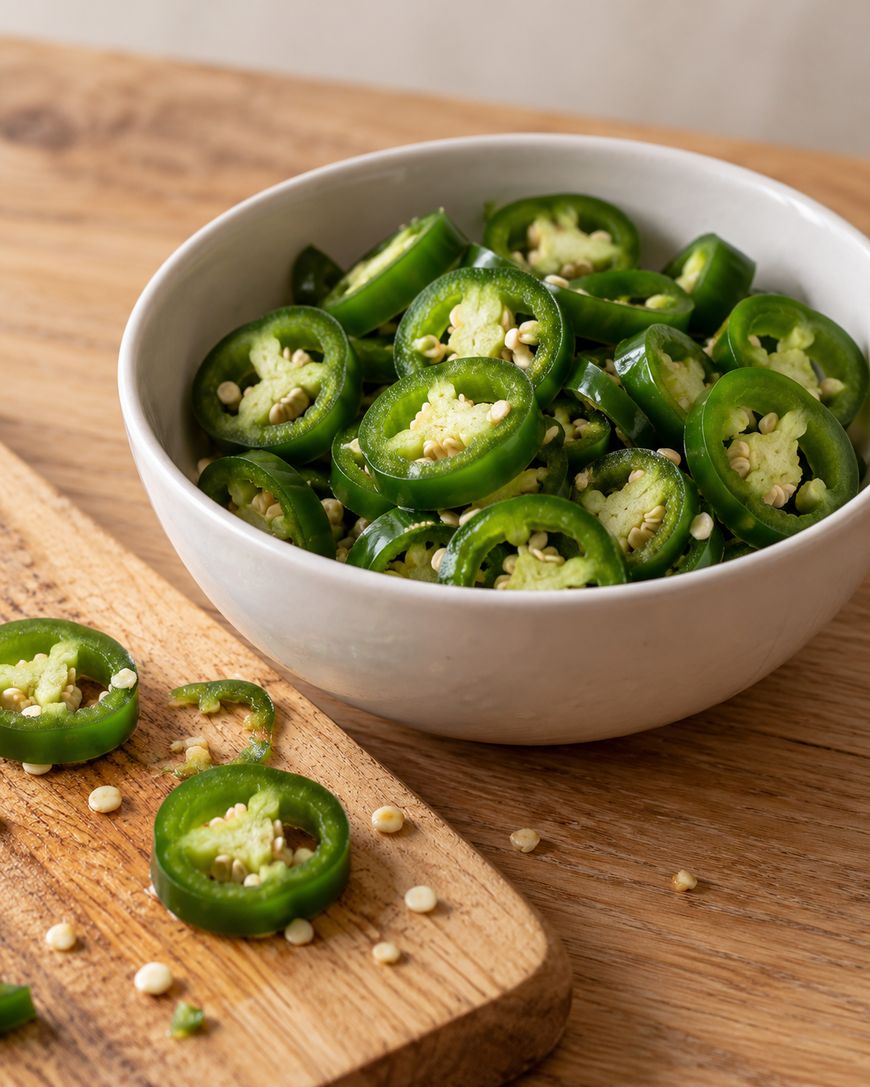 A white bowl filled with sliced jalapeño peppers, with additional slices scattered on a wooden cutting board.