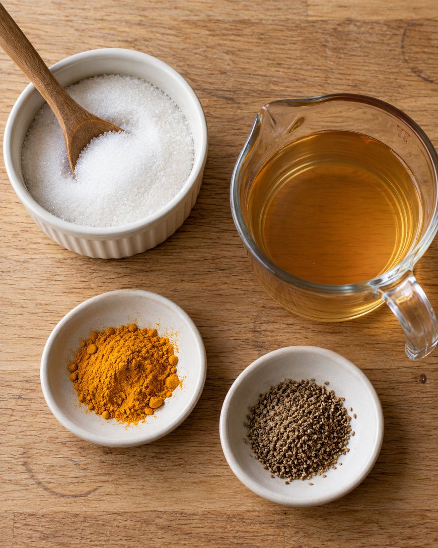 A bowl of sugar with a wooden spoon, a pitcher of amber liquid, and two small bowls containing turmeric powder and small seeds on a wooden surface.