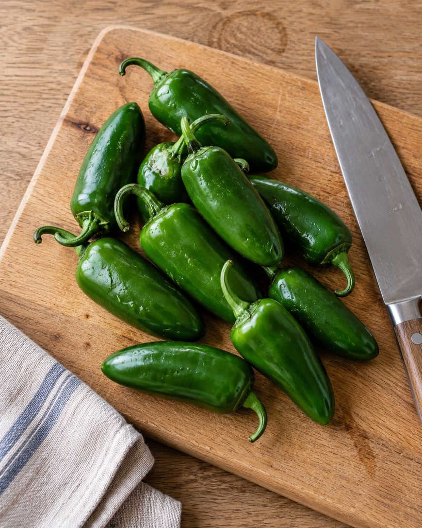 A pile of fresh green jalapeño peppers on a wooden cutting board next to a chefs knife.