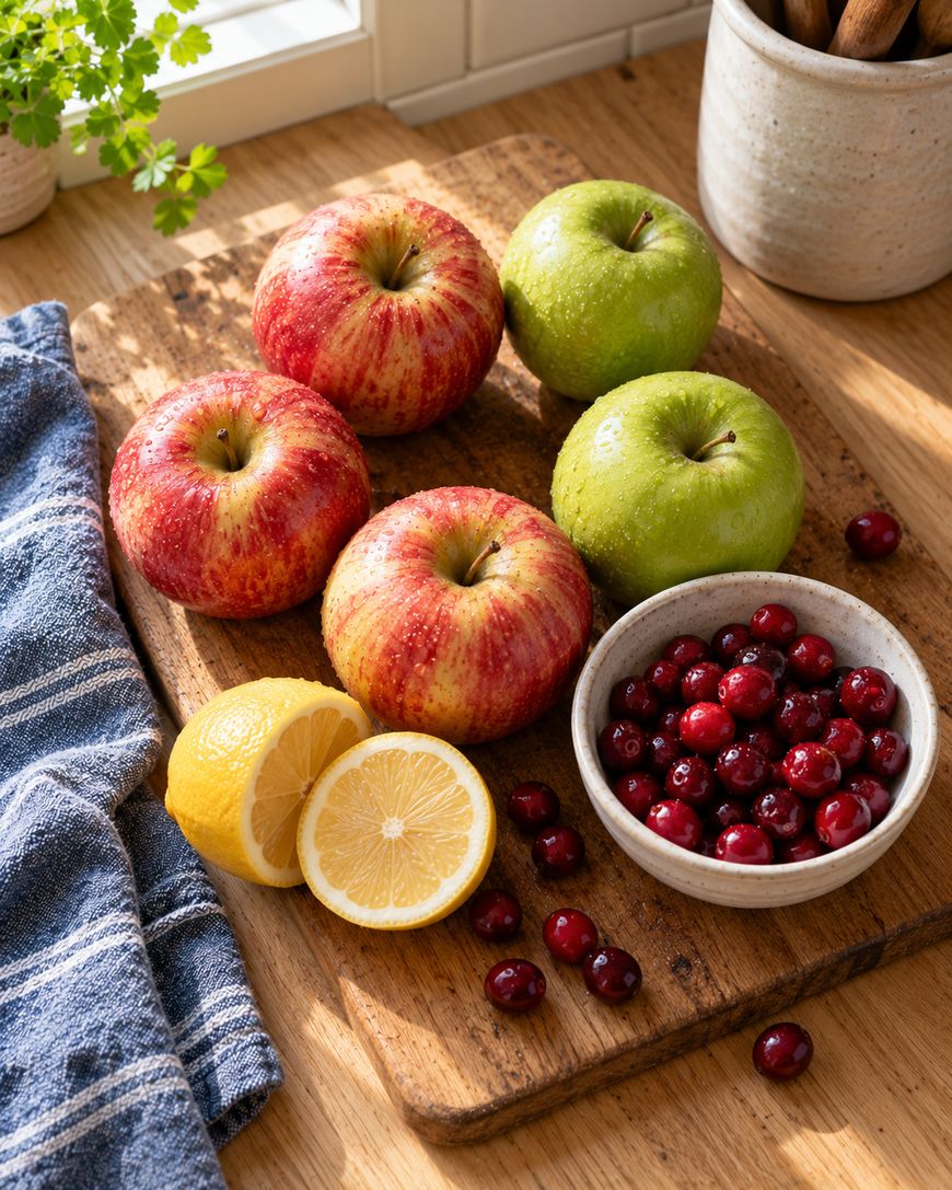 Three red apples, two green apples, a sliced lemon, and a small bowl of cranberries on a wooden cutting board.