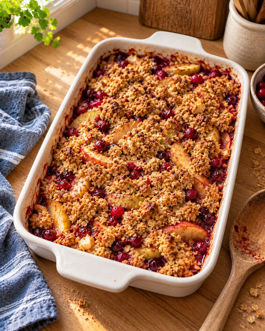 A rectangular baking dish filled with apple cranberry crumble, next to a wooden spoon and a blue cloth napkin.