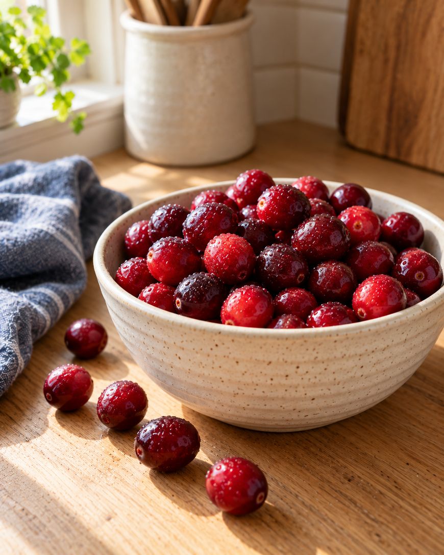 A ceramic bowl filled with fresh, wet cranberries sits on a wooden kitchen counter, with a few loose berries scattered nearby.