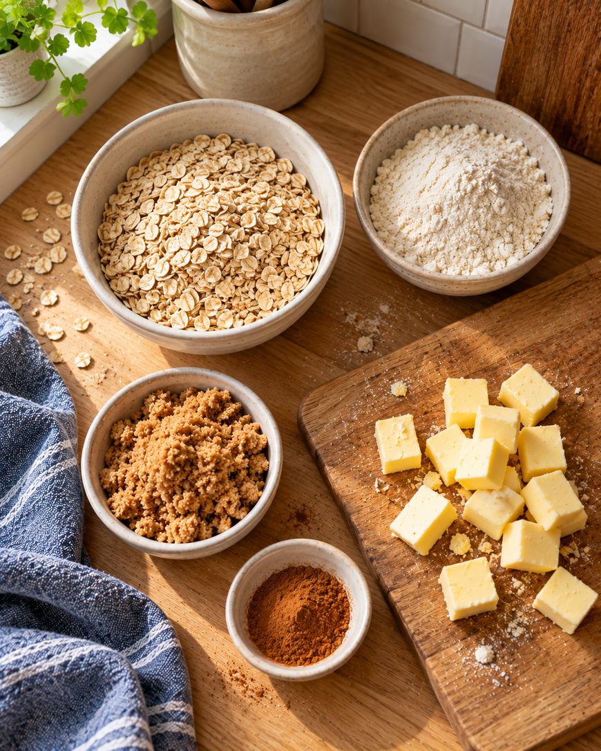 Bowls of rolled oats, flour, brown sugar, and cinnamon on a wooden counter next to cubed butter on a cutting board.