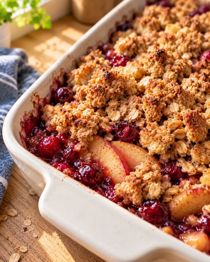 A rectangular baking dish filled with apple and cherry crisp topped with a golden, crumbly oat streusel.