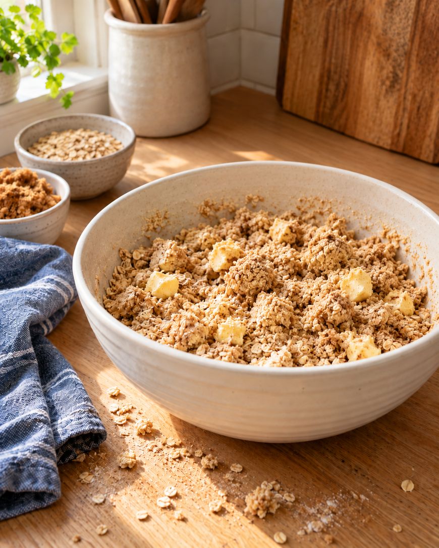 A large white bowl filled with an oat crumble mixture containing small cubes of butter, with bowls of oats and brown sugar nearby on a wooden counter.