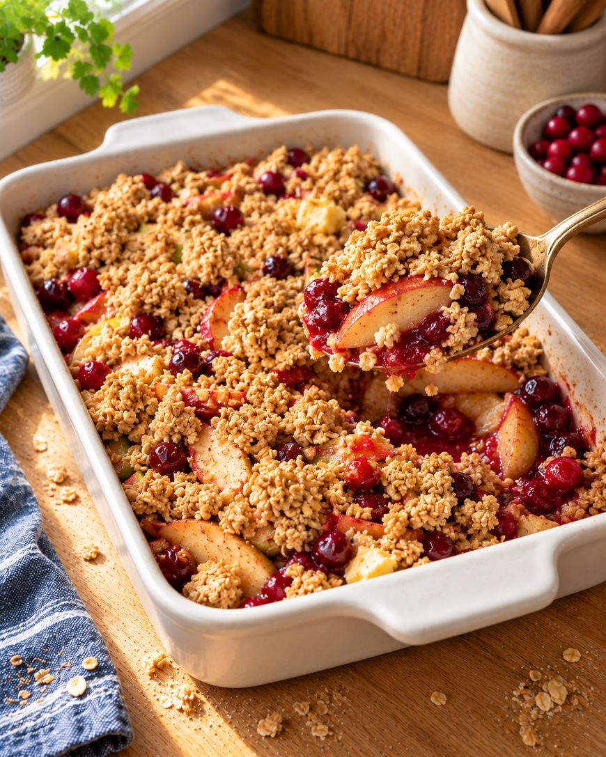 A spoonful of apple and cranberry crumble being lifted from a white baking dish.