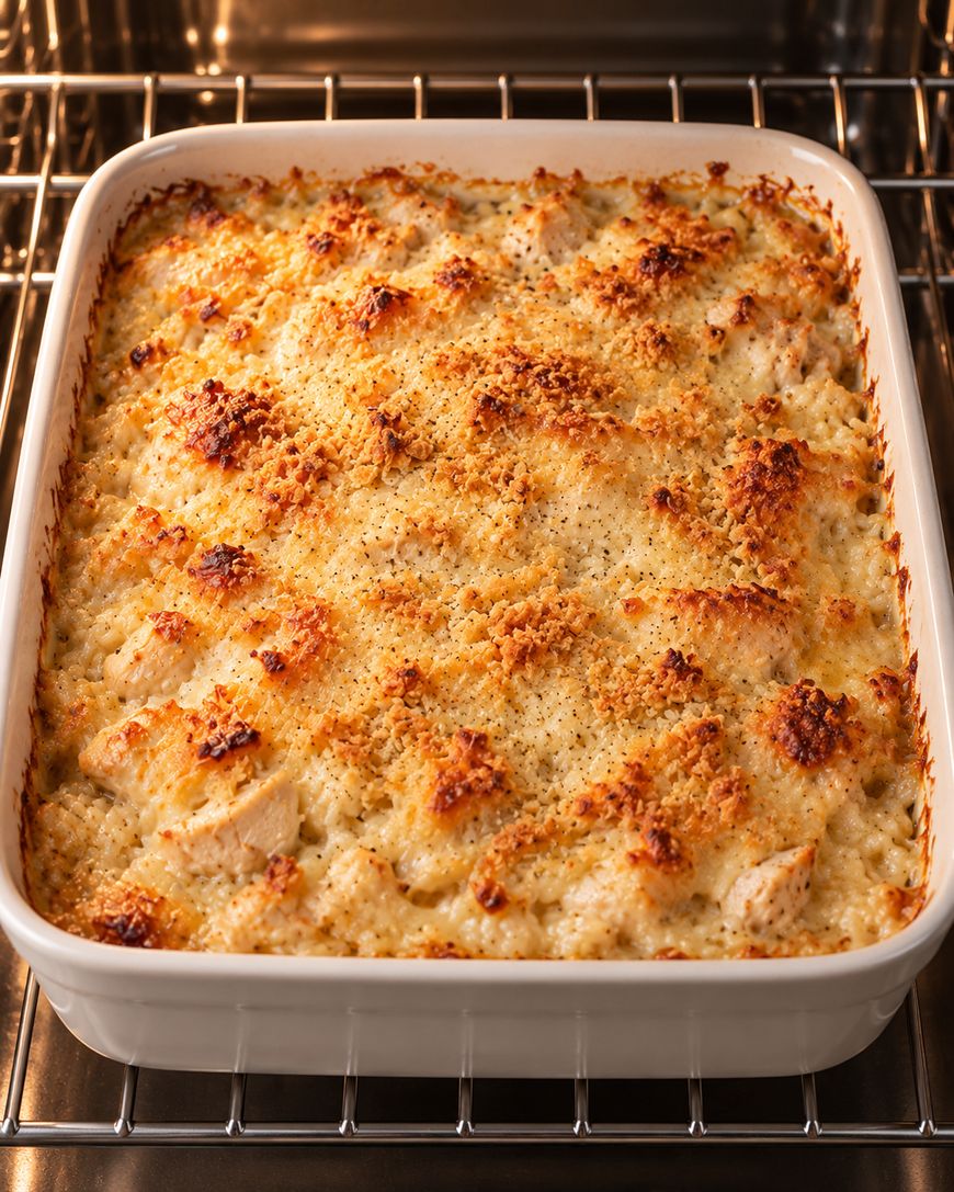 A rectangular white baking dish filled with a golden-brown chicken and rice casserole inside an oven.