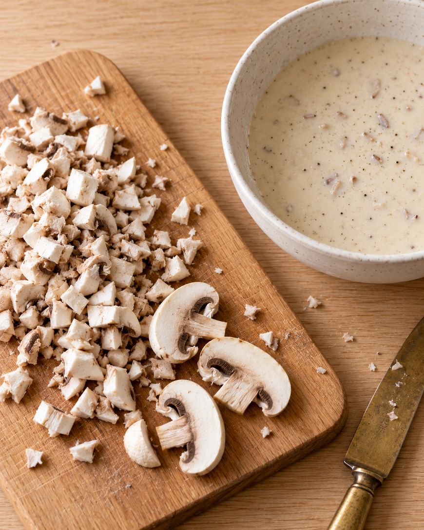 A wooden cutting board with a pile of chopped mushrooms, two mushroom slices, and a bowl of creamy mushroom soup.