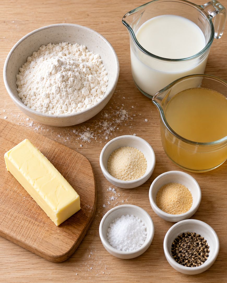A bowl of flour, a stick of butter on a cutting board, a glass pitcher of milk, a glass pitcher of broth, and four small bowls containing garlic powder, onion powder, salt, and pepper.