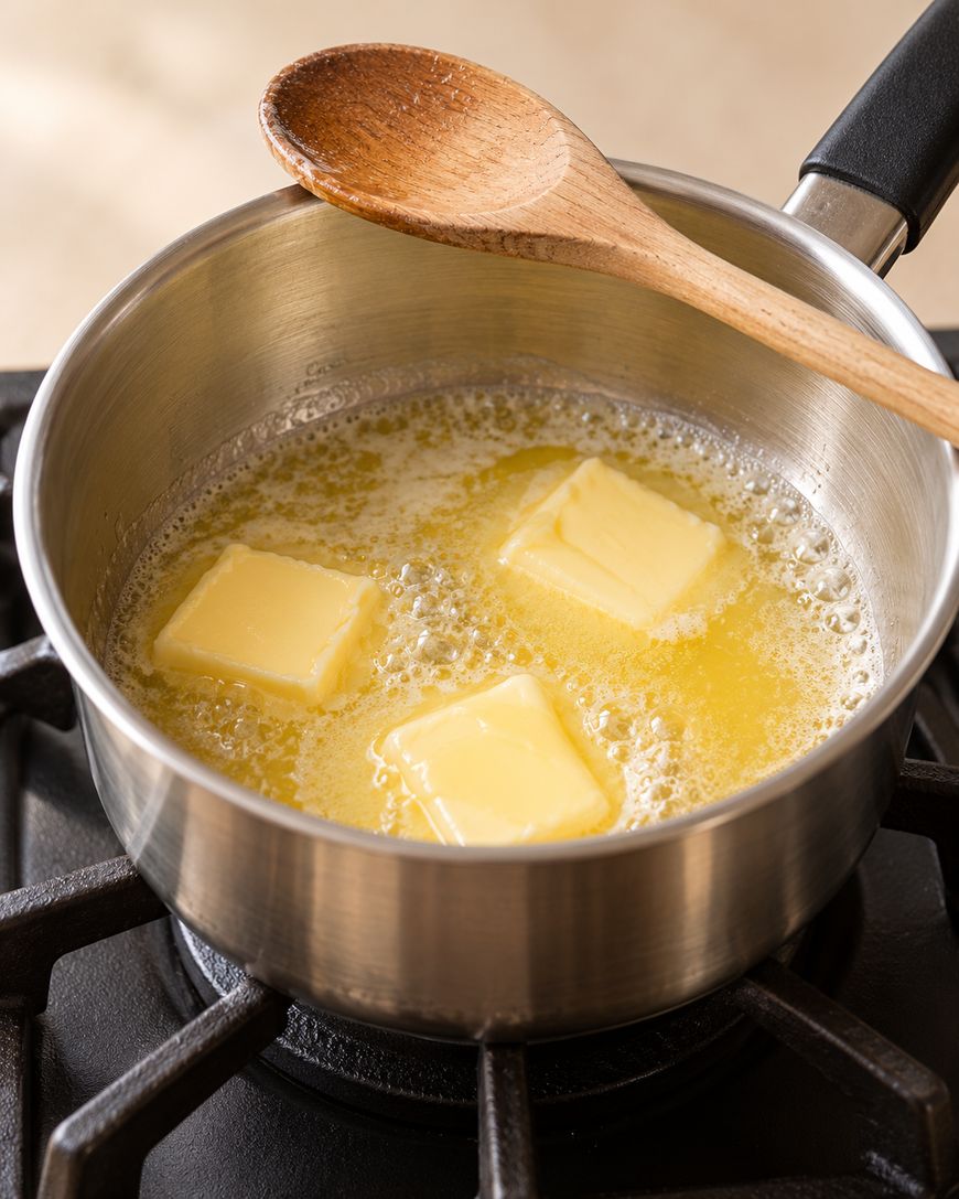 Three cubes of butter melting in a stainless steel saucepan on a stovetop with a wooden spoon resting on the rim.