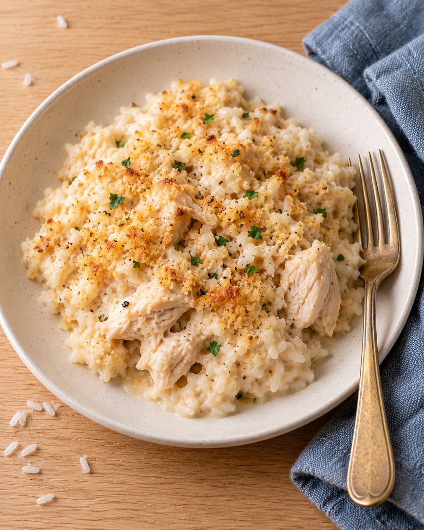 A bowl of creamy chicken and rice casserole topped with breadcrumbs and parsley, with a fork on the side.