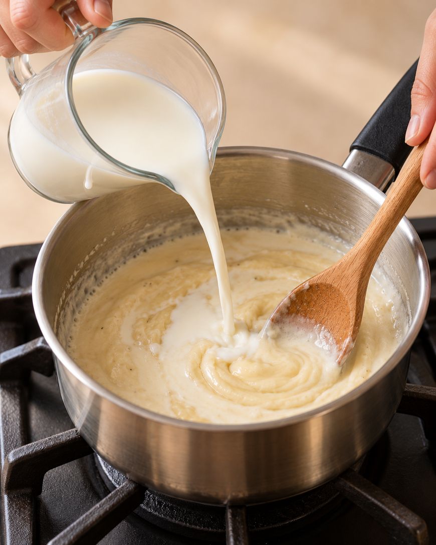 Milk being poured from a glass pitcher into a saucepan containing a thick sauce, with a wooden spoon stirring the mixture.