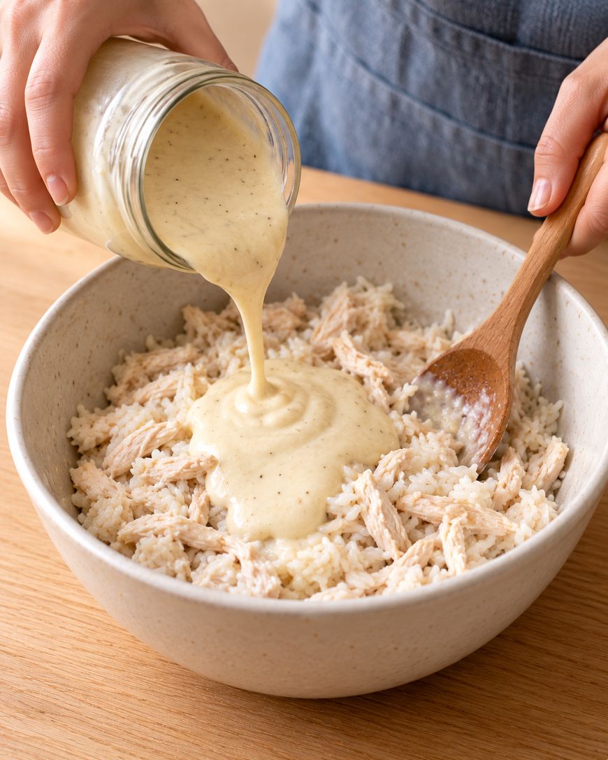 Hands pouring a creamy sauce from a glass jar into a bowl of shredded chicken and rice, with a wooden spoon resting in the bowl.
