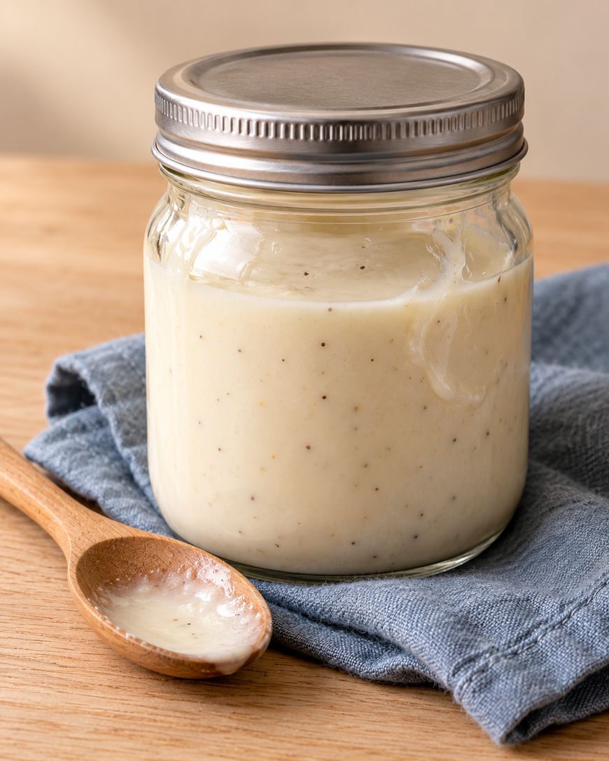 A glass mason jar filled with creamy dressing, sitting on a blue cloth next to a wooden spoon.