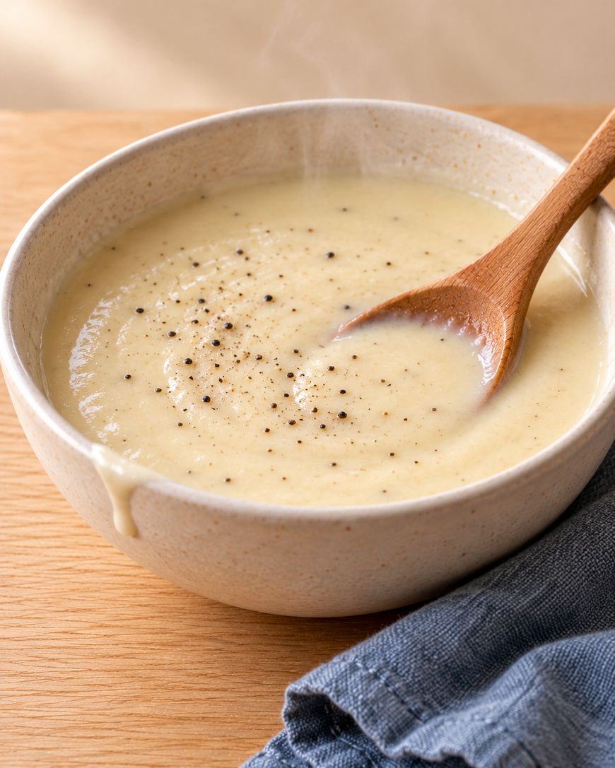 A steaming bowl of creamy soup topped with black pepper, with a wooden spoon resting inside.