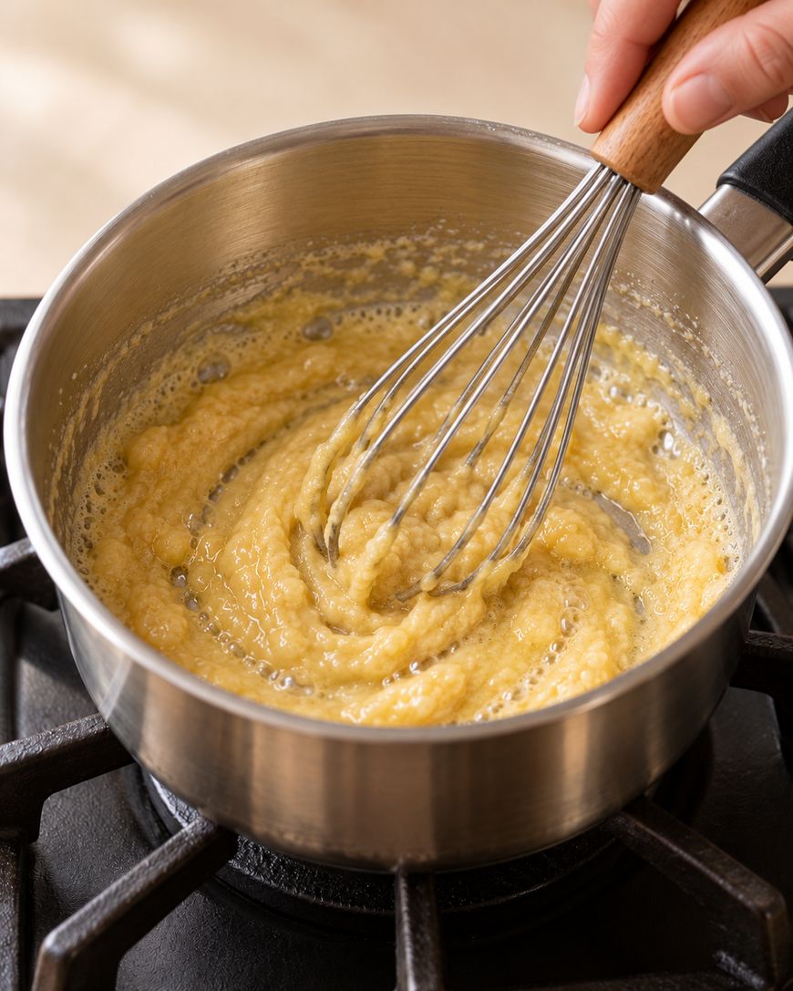 A hand uses a wire whisk to stir a thick, golden-yellow mixture in a small stainless steel saucepan on a stovetop.