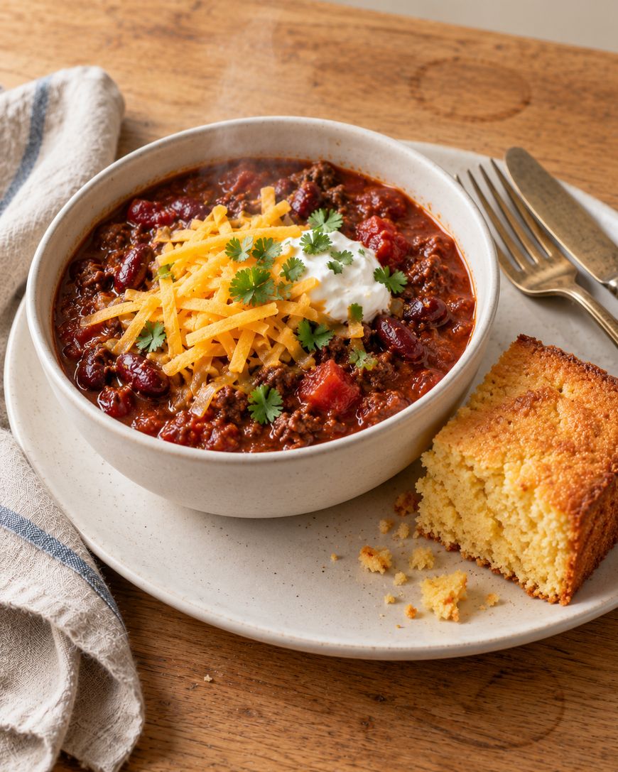 A bowl of chili topped with shredded cheese, sour cream, and cilantro, served with a piece of cornbread on a plate.