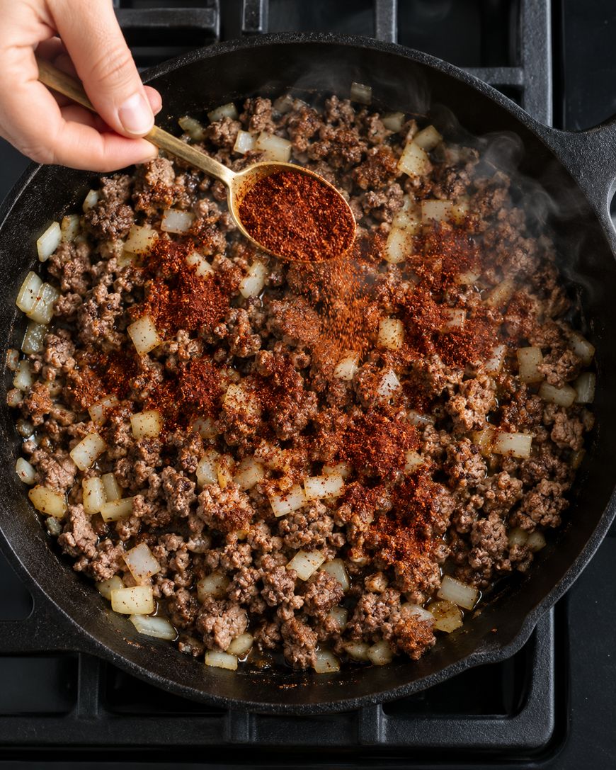 A hand holds a gold spoon, sprinkling reddish-brown spices over a skillet of cooking ground meat and onions.