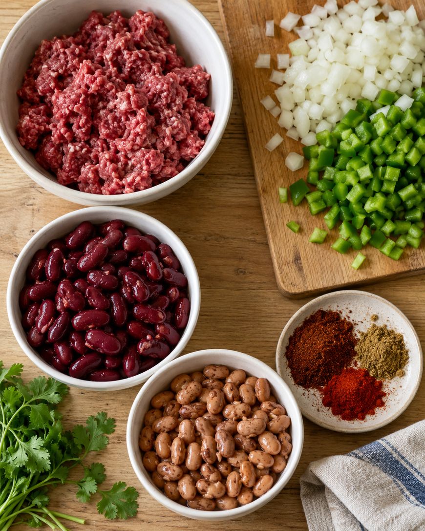 Bowls of ground beef, red kidney beans, and pinto beans, alongside a cutting board with diced onions and green peppers, and a small plate of spices.