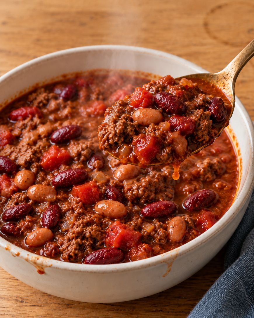 A spoonful of steaming chili with ground meat, red kidney beans, and diced tomatoes lifted from a bowl.