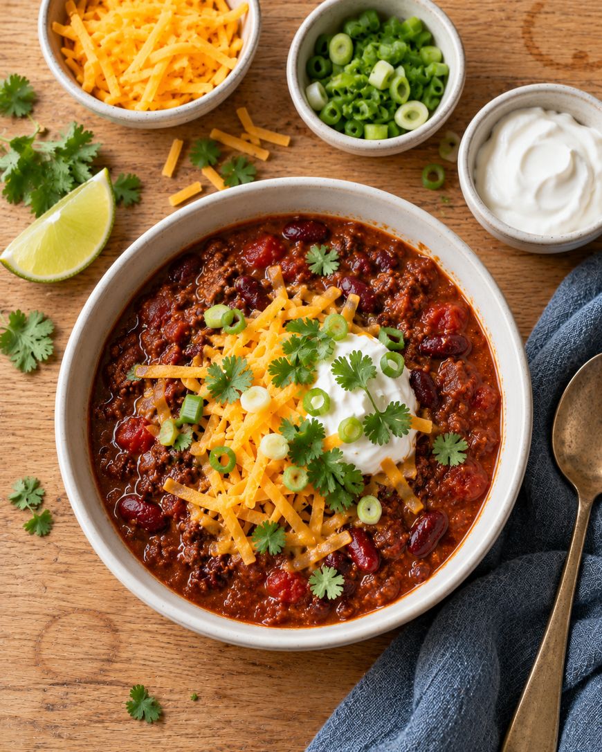A bowl of chili topped with shredded cheddar cheese, sour cream, and cilantro, served with side bowls of extra cheese, chopped green onions, and sour cream.