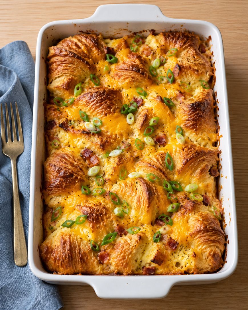 A rectangular baking dish filled with a savory croissant breakfast bake topped with melted cheese, bacon bits, and sliced green onions, with a fork on a blue napkin to the side.