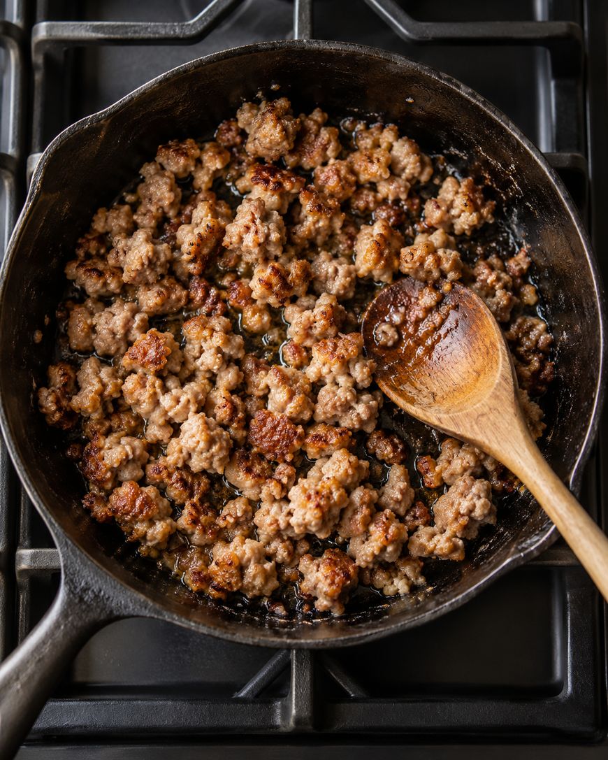 Cooked ground sausage in a cast iron skillet with a wooden spoon.