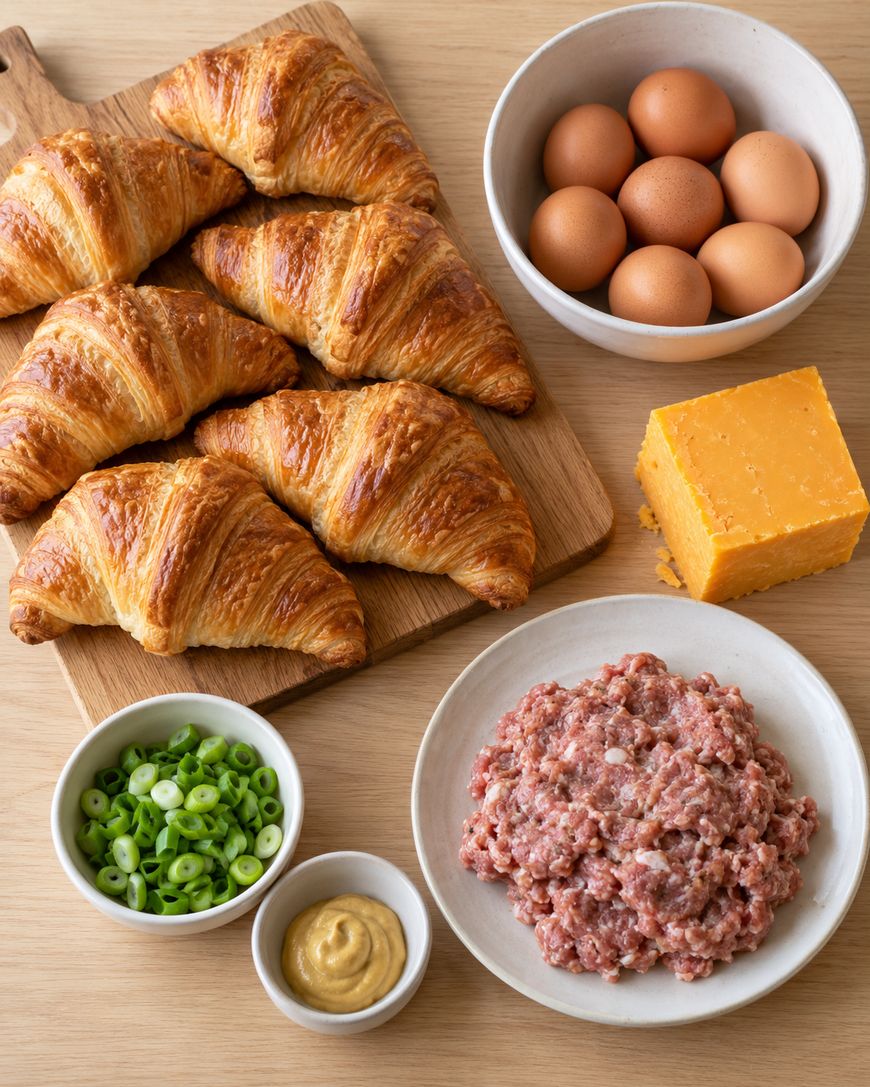 Six golden-brown croissants on a wooden cutting board, alongside a bowl of eggs, a block of cheddar cheese, a plate of ground meat, sliced green onions, and a small dish of mustard.