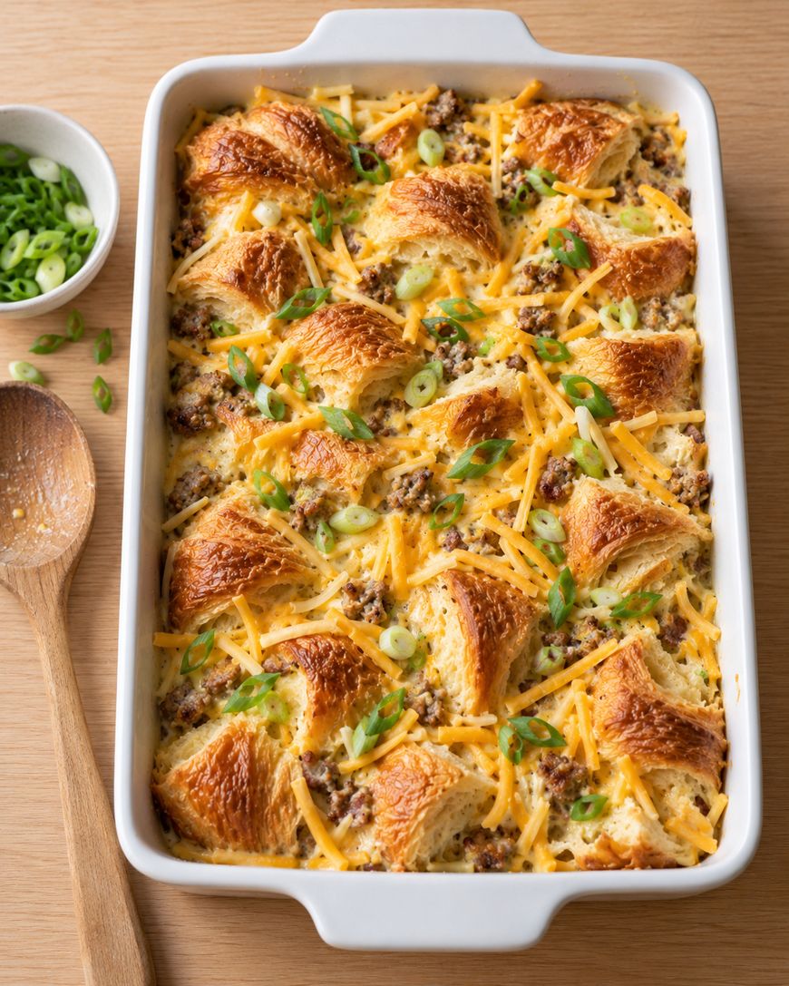 Breakfast casserole in a white baking dish made with croissant pieces, sausage, and melted cheese, topped with sliced green onions, with a wooden spoon and a side bowl of onions nearby.