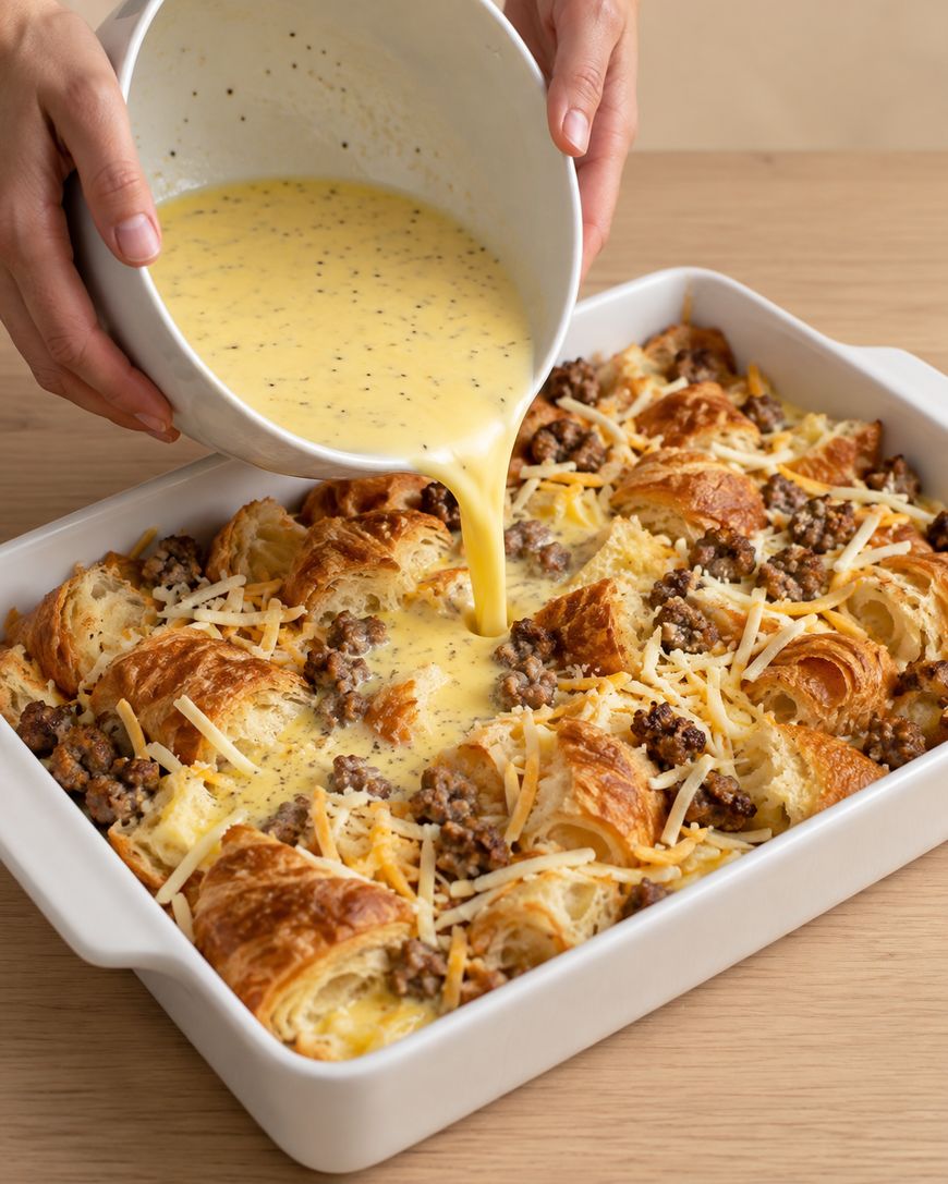Hands pouring an egg mixture from a white bowl into a baking dish filled with chopped croissants, sausage, and shredded cheese.