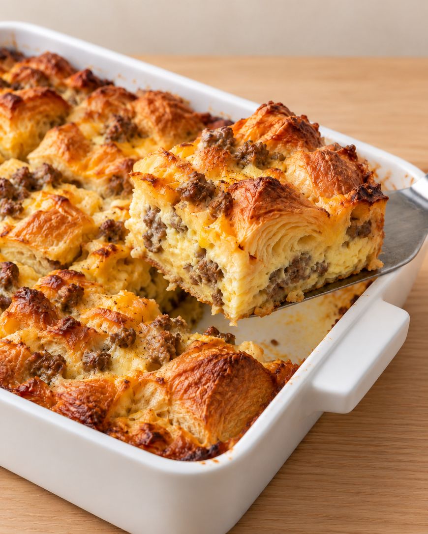 A metal spatula lifts a square piece of sausage and egg breakfast casserole from a white baking dish.