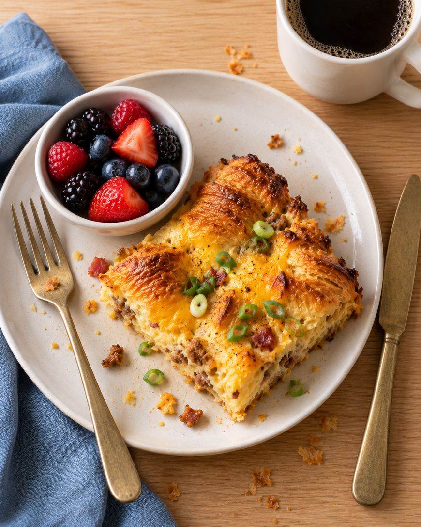 A square slice of breakfast casserole topped with melted cheese and green onions, served on a plate with a small bowl of mixed berries, a fork, a knife, and a cup of coffee.